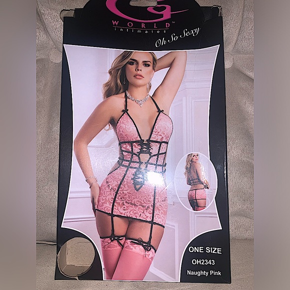 G World Intimates 3pc pink and black garter dress with thigh highs and panties - Picture 1 of 5
